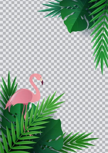 Olá, verão, hora de verão. Contexto de plantas tropicais. Flamingo de pássaro chato. Folhas de palma, folha da selva. O cartaz à venda e um sinal publicitário. Vetor —  Vetores de Stock
