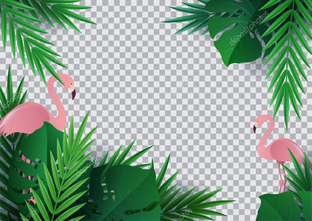 Hello summer, summertime. Background of tropical plants. Flat bird flamingo. Palm leaves, jungle leaf. The poster for sale and an advertizing sign.  Vector