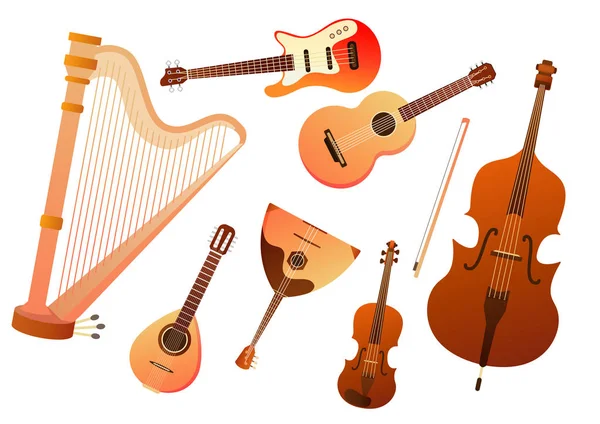 Conjunto de instrumentos musicais de cordas. Coleção de balalaika, harpa, contrabaixo, violino, guitarra. Layout de design para apresentações de banners, folhetos, cartazes e convites. Ilustração vetorial —  Vetores de Stock