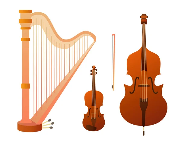 Uppsättning av strängade musikinstrument. Samling av Balalaika, harpa, kontrabas, violin, gitarr. Designlayout för banderoller presentationer, reklamblad, affischer och inbjudningar. Vektor illustration — Stock vektor