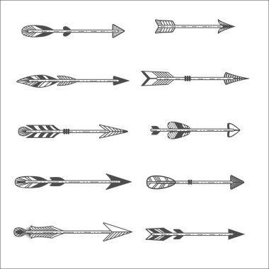 Oklar düz tarzda ayarlanır. Tasarım için doodle oklar ile etnik koleksiyon. Beyaz yalıtılmış arka planda vektör çizimi