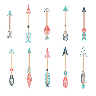 Renkli oklar tarzı düz ayarlayın. Tasarım için doodle oklar ile etnik koleksiyon. Beyaz yalıtılmış arka planda vektör çizimi