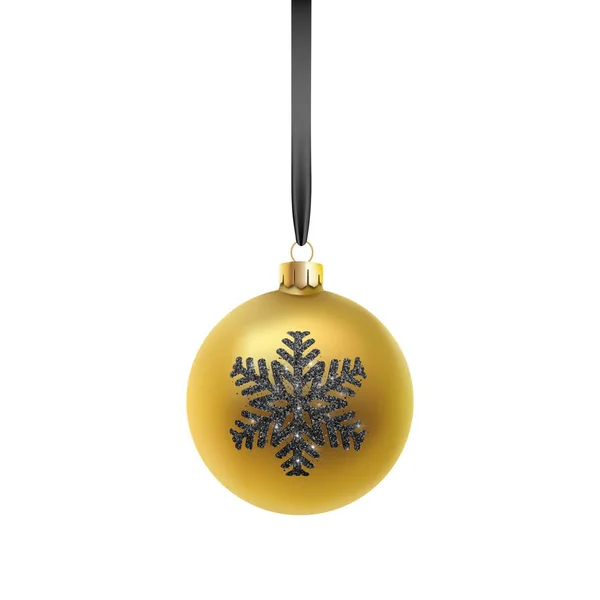 Julhälsning kort. Guld Christmas Ball, med en prydnad och Svart snöflinga. Vektor illustration på vit isolerad bakgrund — Stock vektor