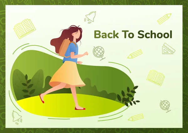 School student. Schoolgirl runs on lessons. Vector illustration flat design — Stock Vector