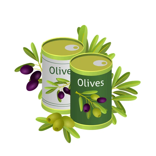 Olives in metallic can with brand label. Isolated flat vector element for advertising placard or banner. Vector illustration on white background — Stock Vector