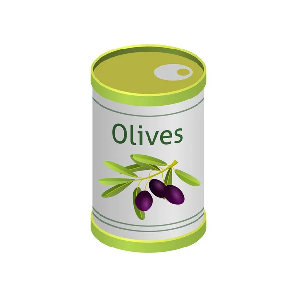 Olives en boîte métallique avec étiquette de marque. Élément vectoriel plat isolé pour plaque publicitaire ou bannière publicitaire. Illustration vectorielle sur fond blanc — Image vectorielle