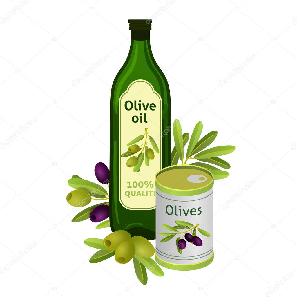 Olive oil bottle with brand label. Isolated flat vector element for advertising placard or banner. Vector illustration on white background