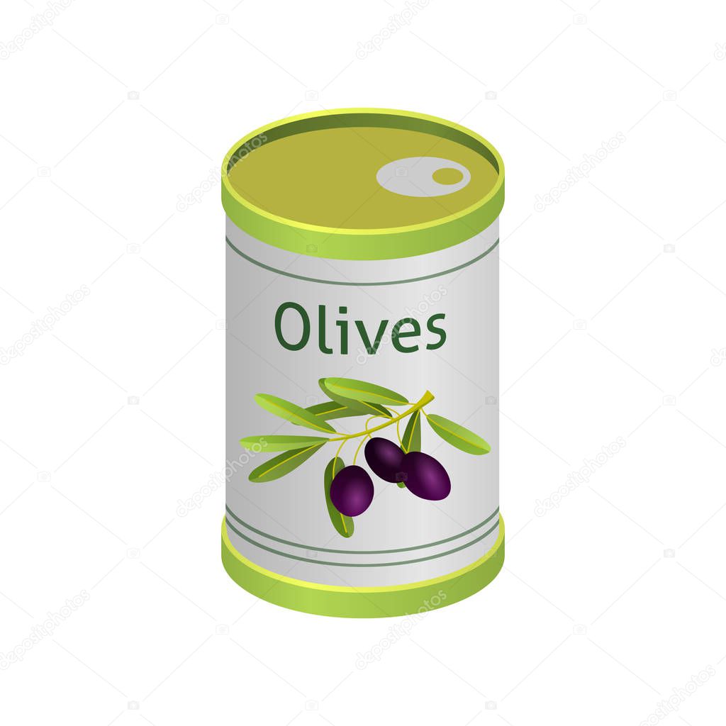 Olives in metallic can with brand label. Isolated flat vector element for advertising placard or banner. Vector illustration on white background