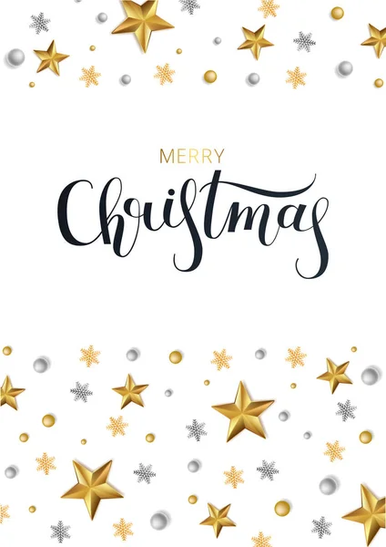 Wenskaart, uitnodiging met Happy New Year 2020 en Kerstmis. Belettering Merry Christmas. Metallic gouden sterren, decoratie, shimmeringon een witte achtergrond. Vector illustratie — Stockvector