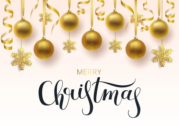 Gratulationskort, inbjudan med gott nytt år 2020 och jul. Metallic guld och snowflake julgranskulor, dekoration, glänsande konfetti på en vit bakgrund. Vektor illustration — Stock vektor