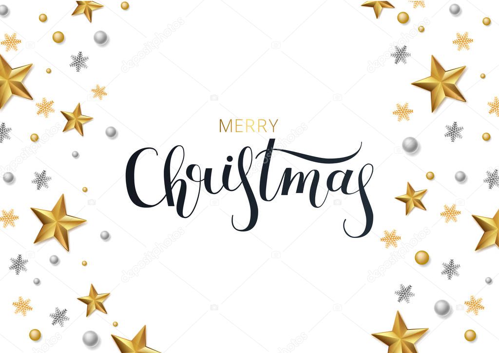 Greeting card, invitation with happy New year 2020 and Christmas. Lettering Merry Christmas . Metallic gold stars, decoration, shimmeringon a white background. Vector Illustration