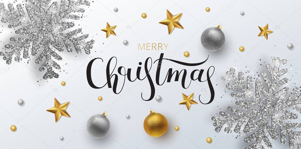 Christmas greeting card, web banner, vector background. Gold and silver Christmas ball and stars, with an ornament and spangles. Metallic gold and silver Christmas snowflake. Hand drawn lettering