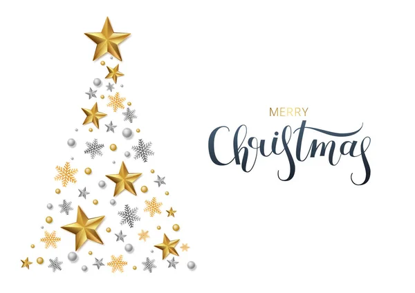 Gratulationskort, inbjudan med Gott Nytt år 2020 och jul. Brev God Jul. Metalliska guldstjärnor, gran-träd, skimrande på en vit bakgrund. Vektor Illustration — Stock vektor