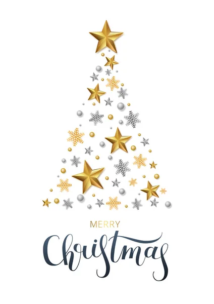 Tarjeta de felicitación, invitación con feliz año nuevo 2020 y Navidad. Lettering Merry Christmas. Estrellas metálicas de oro, abeto, brillando sobre un fondo blanco. Ilustración vectorial — Vector de stock