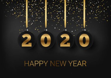 Kutlama kartı, mutlu yıllar 2020 ve Noel davetiyesi. Metalik altın Noel topları, dekorasyon, parıldayan, siyah arka planda parlak konfeti. El yazısıyla yazılmış harfler. Vektör Illustrati