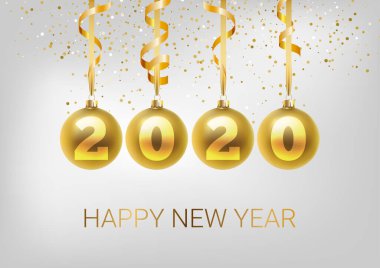 Kutlama kartı, mutlu yıllar 2020 ve Noel davetiyesi. Metalik altın Noel topları, dekorasyon, parıldayan, beyaz arka planda parlak konfeti. El yazısıyla yazılmış harfler. Vektör Illustrati