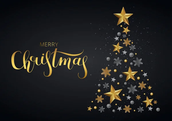 Wenskaart, uitnodiging met gelukkig Nieuwjaar 2020 en Kerstmis. Met 'Vrolijk Kerstfeest'. Metalen gouden sterren, dennenboom, glinsterend op een zwarte achtergrond. Vector Illustratie — Stockvector