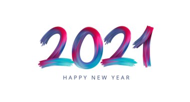 Mutlu yıllar 2021. Akrilik boyalı gökkuşağı renkli sayılar. Yağ fırçası şeklinde sayı. Vektör
