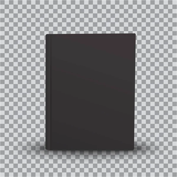 Plantilla de libro en blanco 3d con cubierta negra sobre fondo transparente, vista frontal. Realista Mock Up de libros, vector — Vector de stock