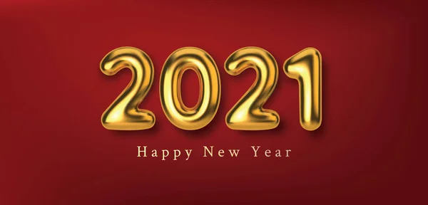Szczęśliwego Nowego Roku 2021. 3D realistyczna ilustracja złote numery metaliczne napis. Streszczenie złoty metaliczny tekst do projektowania banerów. Wektor poziome czerwone tło — Wektor stockowy