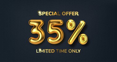 Gerçekçi 3D altın balonlardan yapılmış 35 indirimli indirim indirimi. Altın balon şeklinde sayı. Ürünler için şablon, reklam, web afişleri, broşürler, sertifikalar ve kartpostallar. Vektör