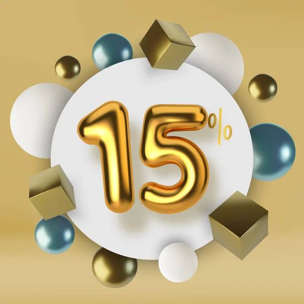 15 off έκπτωση πώληση προώθηση από 3d χρυσό κείμενο. Αριθμός με τη μορφή χρυσών μπαλονιών. Ρεαλιστικές σφαίρες και κύβους. Αφηρημένο φόντο πρωτόγονων γεωμετρικών στοιχείων — Διανυσματικό Αρχείο