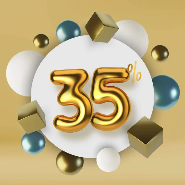 35 off έκπτωση πώληση προώθηση από 3d χρυσό κείμενο. Αριθμός με τη μορφή χρυσών μπαλονιών. Ρεαλιστικές σφαίρες και κύβους. Αφηρημένο φόντο πρωτόγονων γεωμετρικών στοιχείων — Διανυσματικό Αρχείο
