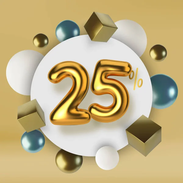 25 off discount promotion sale made of 3d gold text. Number in the form of golden balloons.Realistic spheres and cubes. Abstract background of primitive geometric figures — Stock Vector