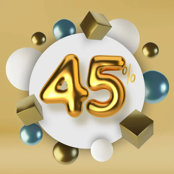 45 Rabatt Promotionverkauf aus 3D-Gold Text. Zahl in Form von goldenen Luftballons. Realistische Kugeln und Würfel. Abstrakter Hintergrund primitiver geometrischer Figuren — Stockvektor