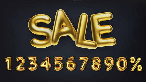 3D realistisk gyllene inskription försäljning. kvitta rabatt marknadsföring försäljning gjord av realistiska 3D guld ballonger. Nummer i form av gyllene ballonger. Vektor — Stock vektor