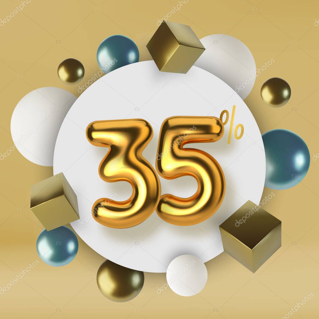 35 off discount promotion sale made of 3d gold text. Number in the form of golden balloons.Realistic spheres and cubes. Abstract background of primitive geometric figures