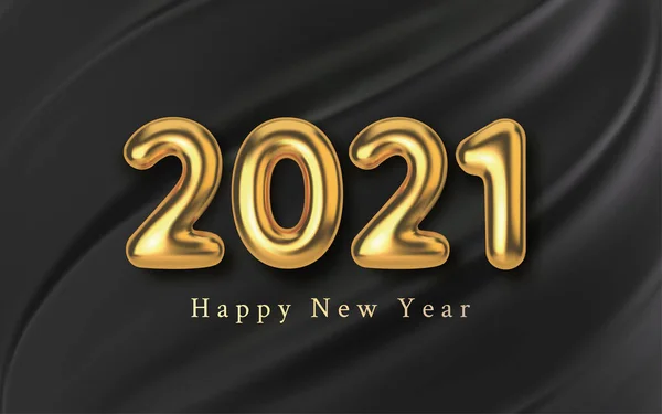 3D Realistic golden inscription balloon 2021 on a black silk background. Golden metallic text new year for banner design. Template from texture fabric and foil. Vector — Stock Vector