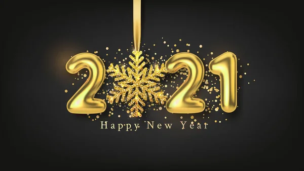 Boldog új évet háttér reális arany felirat 2021 és arany hópehely fekete horizontális háttérrel. Vektor — Stock Vector