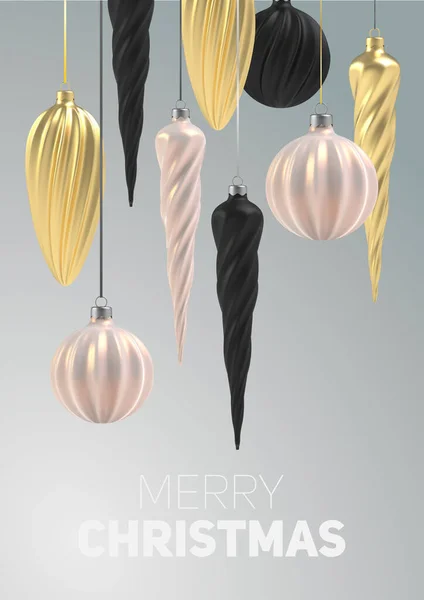 Fundo de Natal com brinquedos de árvore de Natal de nacre rosa, ouro e preto, uma espiral de bolas em um fundo vertical cinza. Vetor — Vetor de Stock