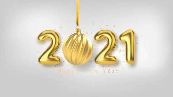 Happy New Year background with realistic gold inscription 2021 and Christmas tree toy of gold on a white horizontal background. Vector — Stock Vector