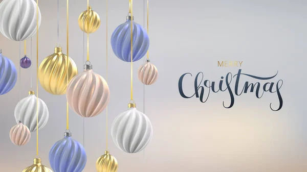 真珠層ピンク、ゴールド、ブルーのクリスマスボールとクリスマスの背景、色の垂直方向の背景にスパイラルボール、碑文クリスマス。ベクトル — ストックベクタ