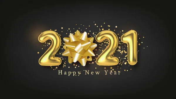 Happy New Year background with realistic gold inscription 2021 and golden bow on a black horizontal background — Stock Vector