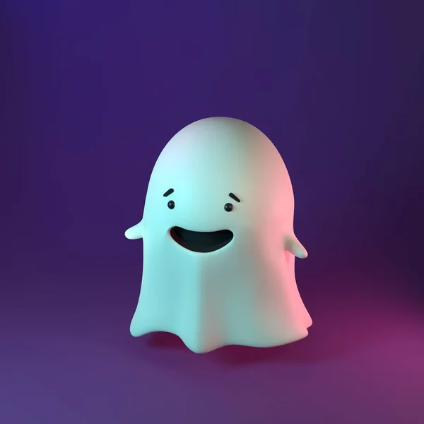 3D maken illustratie van schattige vriendelijke Ghost op violette achtergrond. Gelukkig Halloween spandoek — Stockfoto