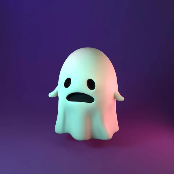 Ilustración en 3D del aterrador y triste signo Fantasma sobre fondo violeta. Feliz banner de Halloween —  Fotos de Stock