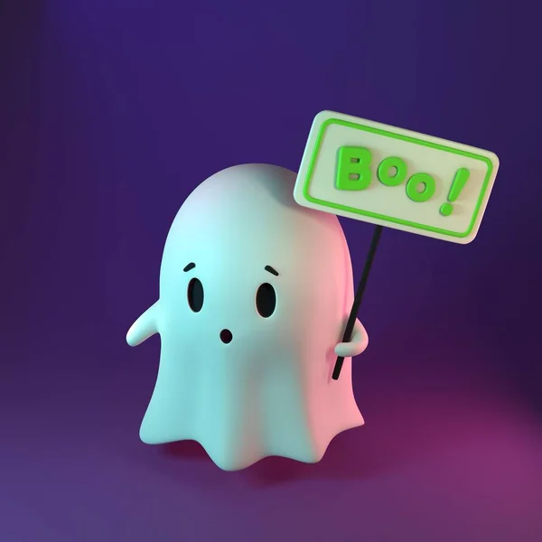 3D renderowania ilustracji cute przyjazny Duch z napisem na znaku Boo na fioletowym tle. Wesołego Halloween — Zdjęcie stockowe