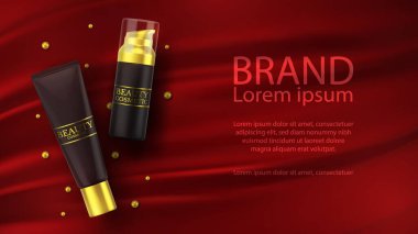 Yüz bakımı için güzellik ürünleri çizgisi için vektör 3 boyutlu kozmetik çizim. Kırmızı ipek arka planda bir krem tüpü. Gerçekçi Vektör illüstrasyonu
