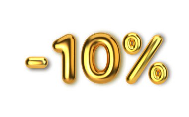 Gerçekçi 3D altın balonlardan yapılmış 10 indirimli indirim indirimi. Altın balon şeklinde sayı. Vektör