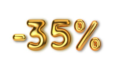Gerçekçi 3D altın balonlardan yapılmış 35 indirimli indirim indirimi. Altın balon şeklinde sayı. Ürünler için şablon, reklamcılık, web pankartları. Vektör illüstrasyonu