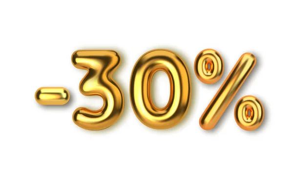 30 descuento promoción venta hecha de globos de oro 3d realistas. Número en forma de globos dorados. Plantilla para productos, publicidad, banner web. Vector — Archivo Imágenes Vectoriales