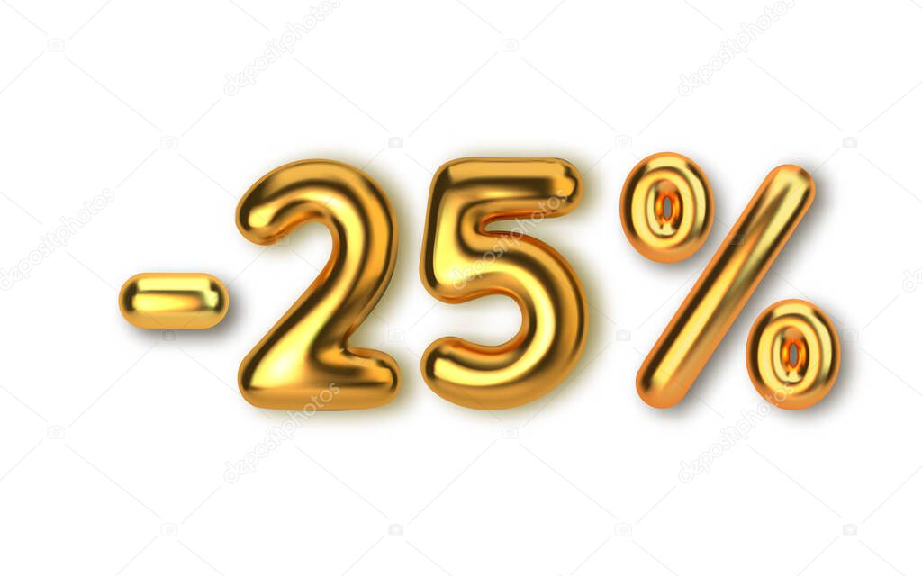 25 off discount promotion sale made of realistic 3d gold balloons. Number in the form of golden balloons. Vector