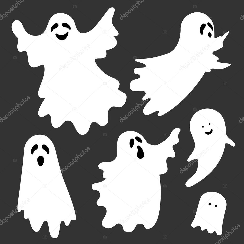 Flat illustration with white ghosts on black background for decoration design. Halloween Vector cartoon illustration. 