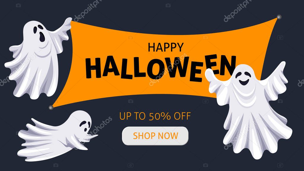 Flat illustration with ghosts on dark background for banner design. Abstract vector illustration