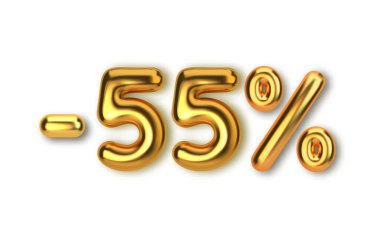 Gerçekçi 3D altın balonlardan yapılmış 55 indirimli indirim indirimi. Altın balon şeklinde sayı. Ürünler için şablon, reklam, web afişleri, broşürler, sertifikalar ve kartpostallar. Vektör