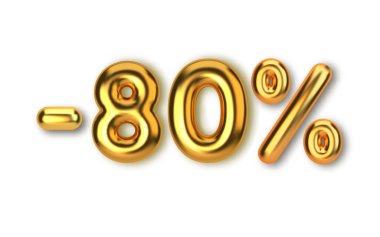 Gerçekçi 3D altın balonlardan yapılmış 80 indirimli indirim indirimi. Altın balon şeklinde sayı. Ürünler için şablon, reklam, web afişleri, broşürler, sertifikalar ve kartpostallar. Vektör