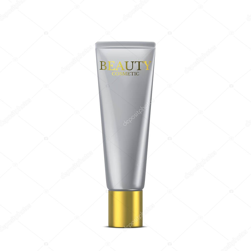 Vector 3D cosmetic illustration for beauty products line for face care. Mockup silver tube of cream on white background. Realistic Vector